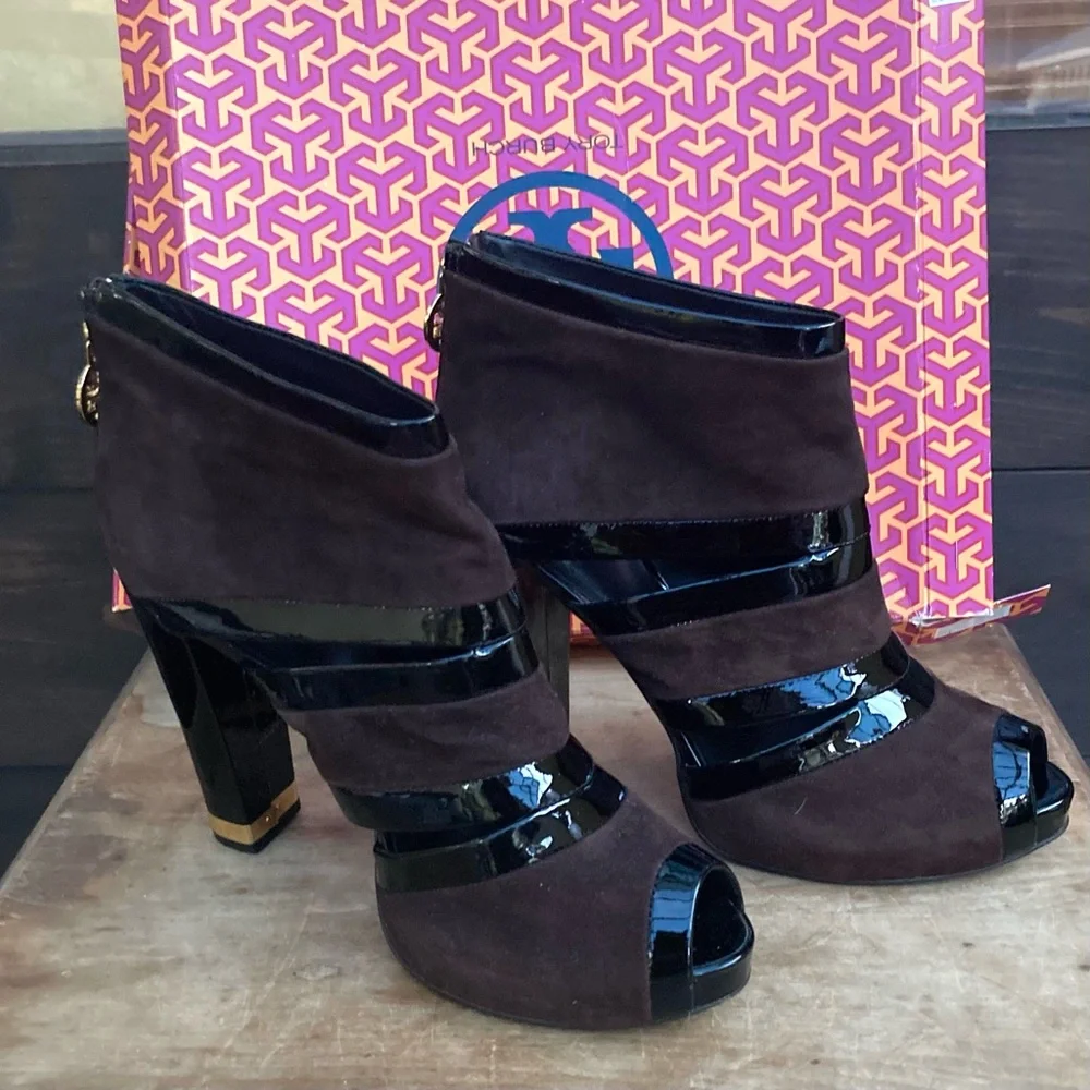 Tory Burch Lucille Boot suede & patent leather Black‎ & brown size 9.5